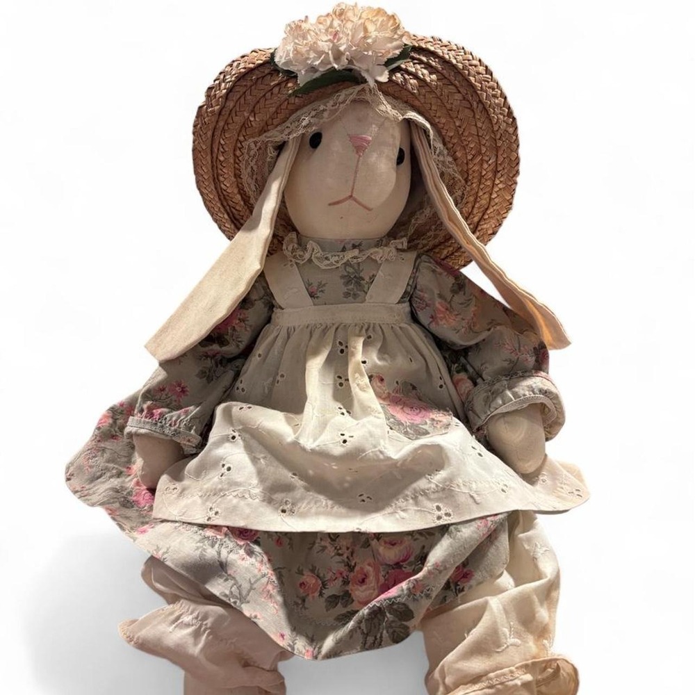 Vtg Handmade Cottagecore Bunny Doll with Straw Hat